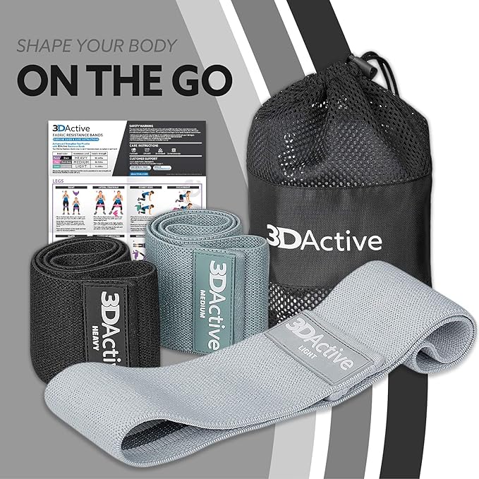 3DActive Fabric Resistance Bands for Legs & Butt. Wide Non-Slip Hip Band Set for Home & Gym Workouts. Exercise Guide & Carry Bag Included. - Bloomnest