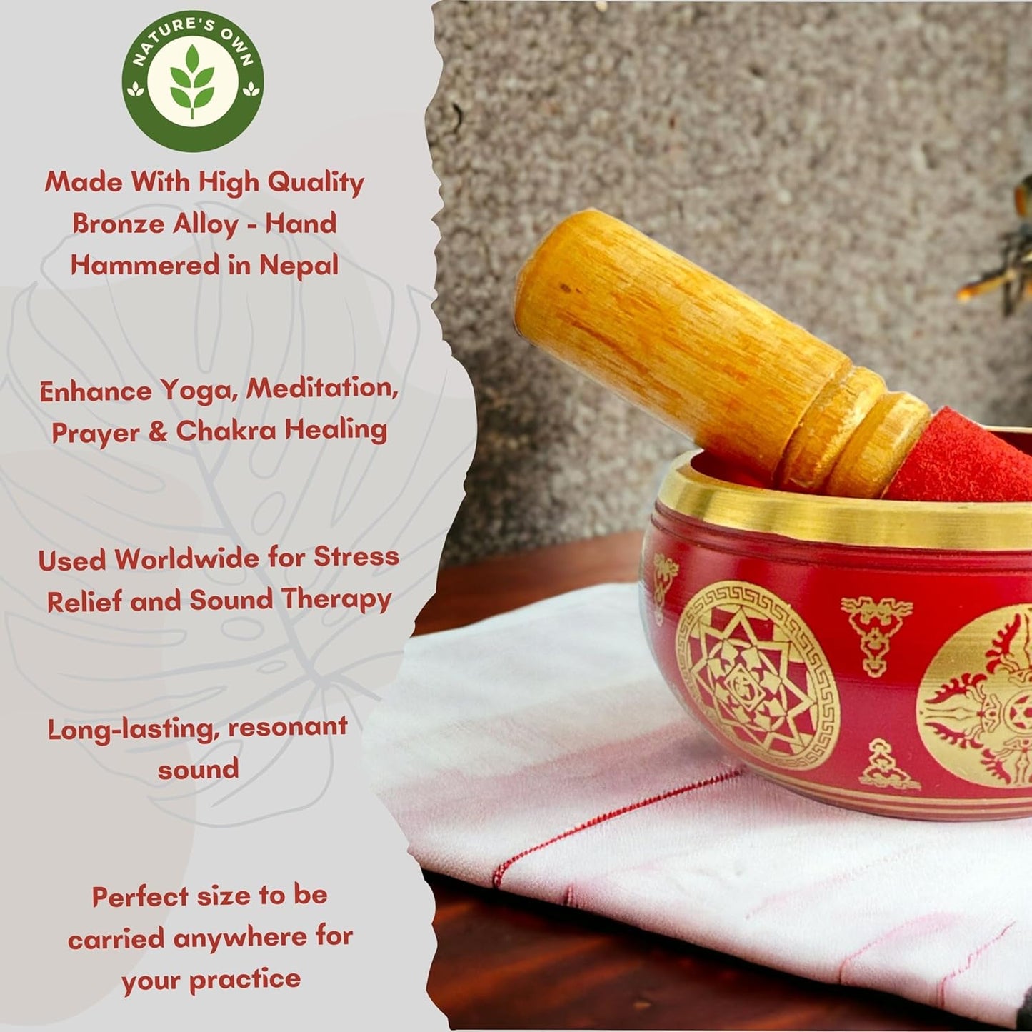 Nature's Own Tibetan Singing Bowl Set- Easy to Play- Meditation Sound Bowl Handcrafted in Nepal for Yoga, Mindfulness, Chakra Healing, Stress Relief- Spiritual Gifts for Women and Men (3.5 Inch, Red)