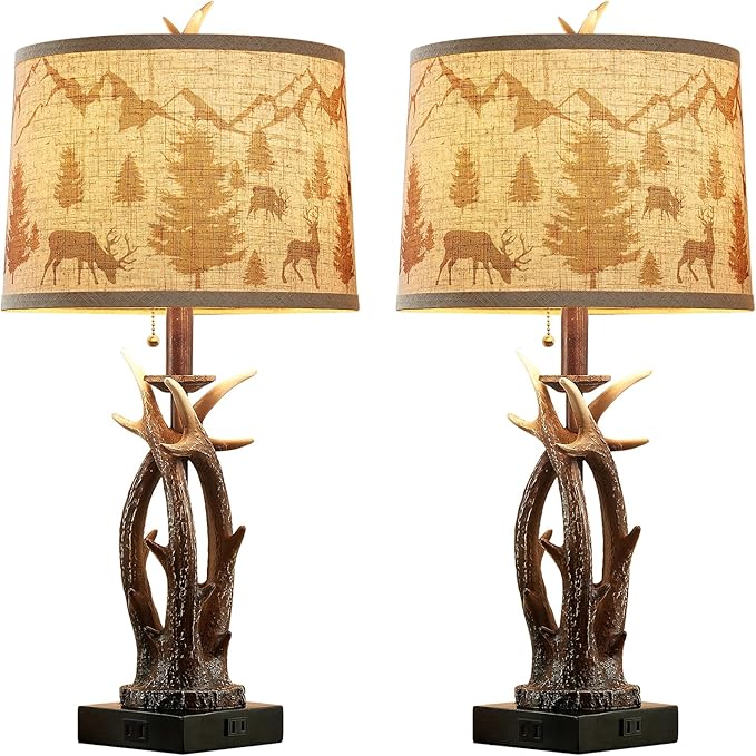 Farmhouse Deer Antler Table Lamps Set of 2 Rustic Western Bedside Lamp with USB A+C & Outlet for Log Cabin Bedroom Hunting Themed Living Room End Table Country Home decor,Deer Print Linen Fabric Shade - Bloomnest