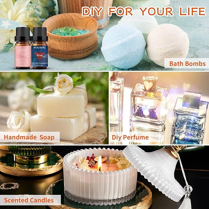 BURIBURI Rose Oil and Peony Essential Oil Set 2 Pack, 100% Pure Diffuser Rose Essential Oil 10ml for Massage, Soap Making BURIBURI