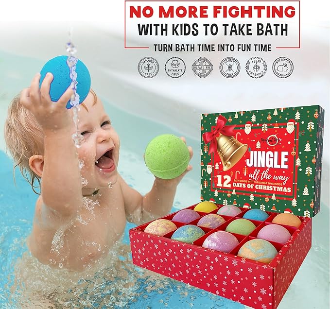 Christmas Bath Bombs for Kids with Surprise Toys Inside - Kids Advent Calendar Bathbombs - 12 Pack Organic Bath Bombs Gift Set, Moisturizing Bubble Bath Fizzies, Gifts for Boys, Girls, Toddler - Bloomnest
