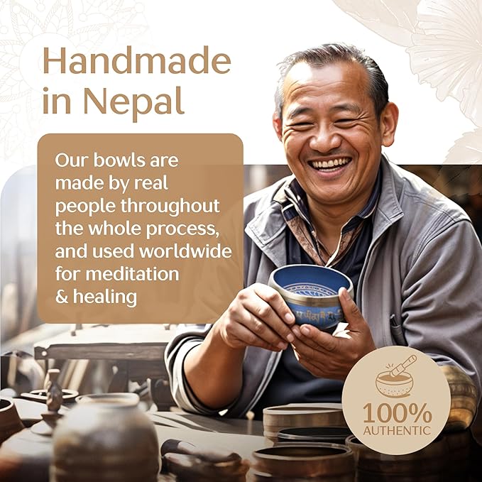 Handmade Tibetan Etched Singing Bowl Set – Sound Bowl & Meditation Bowl with Cushion, Mallet & Guide – Handmade Nepali Bowls – Sound Bath Accessories – Bronze Singing Bowls