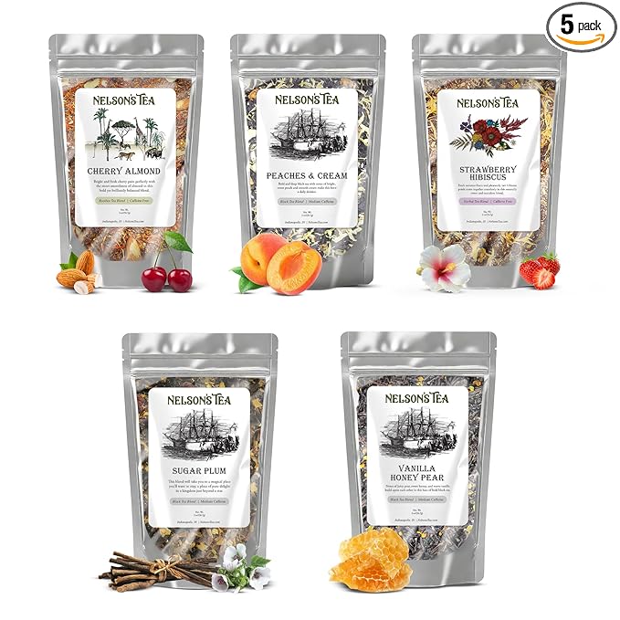 Nelson's Tea Fruit Sampler Pack - 5 Flavors Variety Pack - Loose Leaf Tea Sampler - Cherry Almond, Peaches & Cream, Strawberry Hibiscus, Sugar Plum, Vanilla Honey Pear - 2 Oz Sizes - Bloomnest
