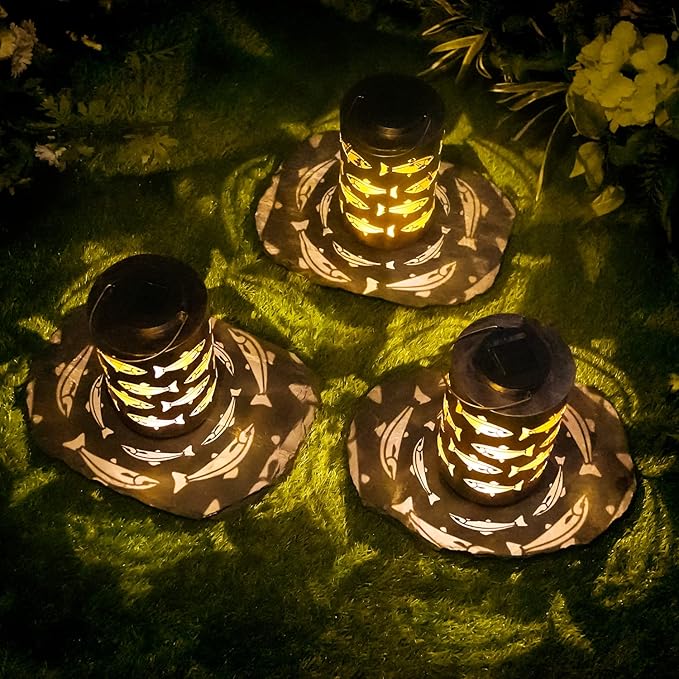 HONGLAND Solar Hanging Lanterns Outdoor, Waterproof Hollowed-Out Fish Design with Warm White LED, Auto On/Off Solar Lantern for Garden, Patio, Porch Decor - Bloomnest