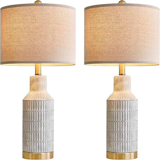 25" Table Lamps Set of 2 - Modern Bedside Lamps for Living Room - White Washed Ceramic Nightstand Lamps for Bedroom - Bloomnest