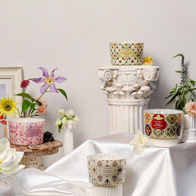 HomeLights Large jar Candle | 4-Wick Long-Lasting Scented Candles, 18oz Natural Soy Wax Candle for Home Scented, Bohemian Natural Textures Gifts for Women & Men, Lavender Vanilla - Bloomnest