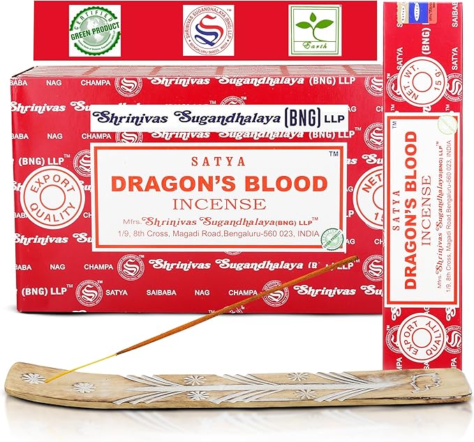 Satya Dragon Blood Incense Sticks, Satya Bng (Bangalore) Insenses 15gmx12 Pack with Raajsee Incense Holder Bundle, Satya Nag Champa Natural Incense - Bloomnest