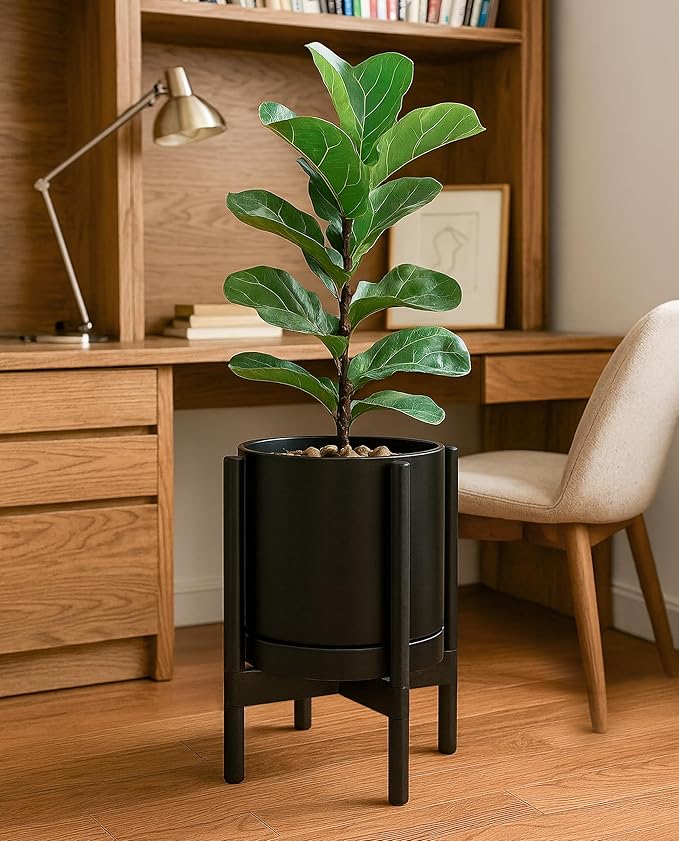 D'vine Dev Ceramic Planter with Ebony Stand - 10 Inch Modern Round Flower Pot with Wood Planter Holder, Black, 55-B-L-2 - Bloomnest