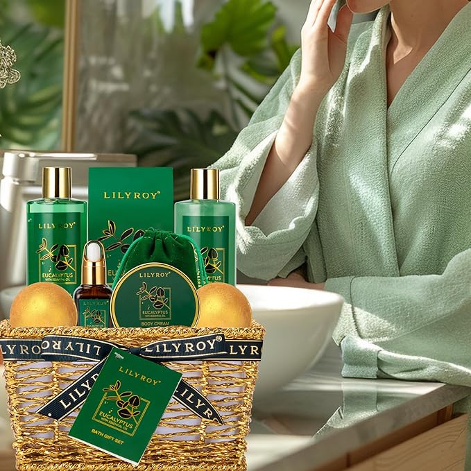 Bath and Body Gift Basket for Valentines Day Gifts - 10-Piece Eucalyptus Luxury Spa Set for Women & Men, Relaxation Ideal for Mothers Day, Fathers Day, Birthday, Christmas Gift for Her & Him - Bloomnest