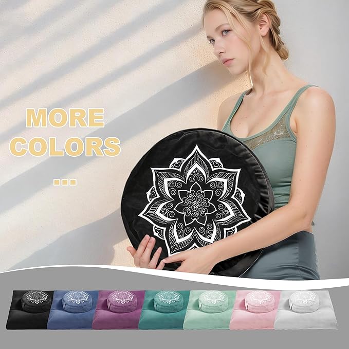 Meditation Zafu Cushion Set with Buckwheat Hulls & Memory Foam - Ergonomic Support for Yoga & Sitting - Removable Machine-Washable Luxury Velvet Cover - for Adults and Kids (Blackļ¼COVER ONLY))