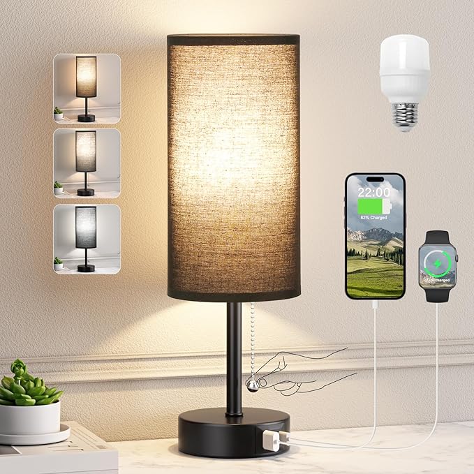Black Bedside Lamp for Bedroom Nightstand - Small Table Lamp with USB A + C Charging Port, 3 Color Temperatures Pull Chain Night Stand Light with Bulb, Side Table Desk Reading Lamp for Living Room - Bloomnest