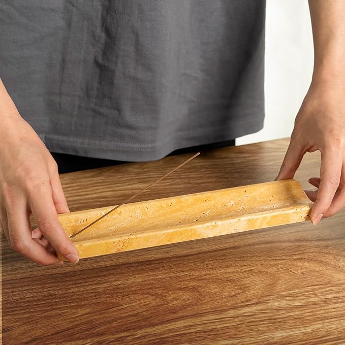 Koville Travertine Incense Holder, Incense Holder for Sticks, Long Incense Sticks Holder Ash Catcher for Meditation Yoga SPA, Natural Stone Incense Burner, Home Table Decor(Yellow) - Bloomnest