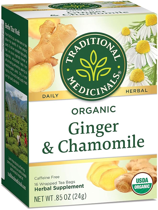 Traditional Medicinals Organic Ginger & Chamomile Herbal Tea, Relieves Occasional Indigestion or Nausea, (Pack of 1) - 16 Tea Bags - Bloomnest