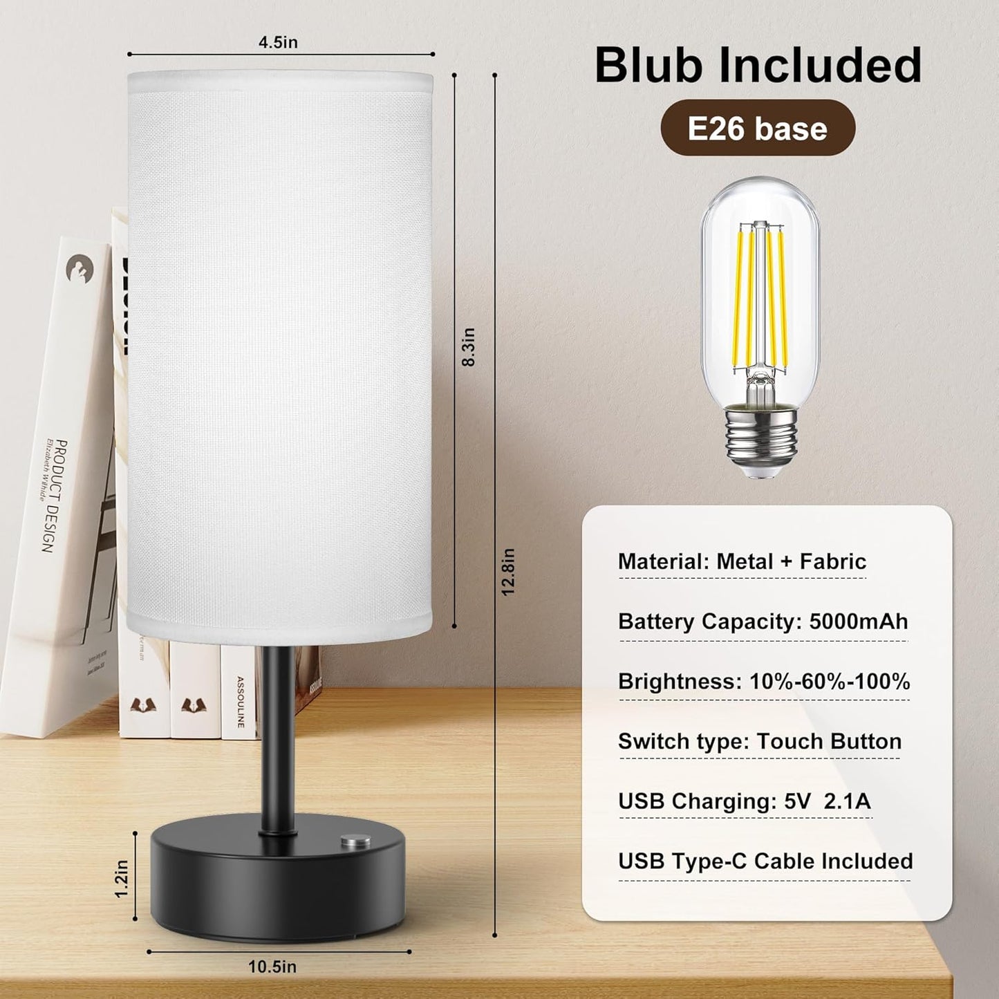 ROTTOGOON Cordless Table Lamp Touch Control Dimmable Small Bedside Table Lamps with Beige Fabric Shade 5000mAh Rechargeable Battery Powered Desk Lamp for Bedroom,Home,Office,Dorm-Black