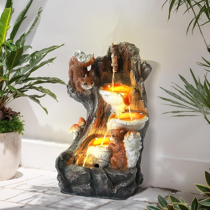 MAGIC UNION Outdoor Water Fountain, Garden Decor Outside Indoor Waterfall Cascading Rock Fountain with Retro Decorative Faucet, Patio Resin Fountains for Yard, Deck, Porch and Home, Imitation Stump - Bloomnest