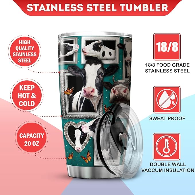 Cow Print Stainless Steel Tumbler With Lid 20 Oz Holstein Friesian Cattle Cute Dairy Cows Insulated Cup Funny Farm Animal Themed Mugs Butterfly Cool Cow Things For Cow Lovers - Bloomnest