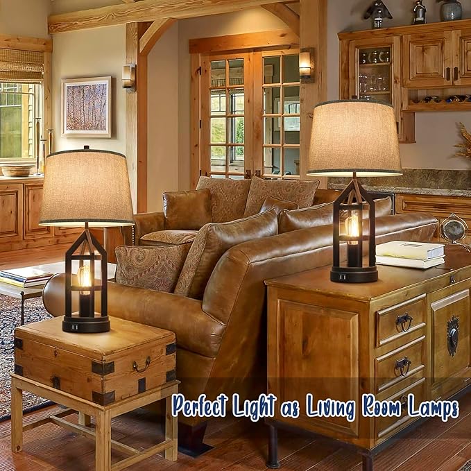 BesLowe 2-Light Farmhouse Rustic Touch Table Lamps Grey, 3-Way Dimmable Bedside Lamps with 2 USB Ports for Bedroom, End Table Lamps for Living Room with Gray Shades, 4 LED Bulbs Included, Set of 2 - Bloomnest