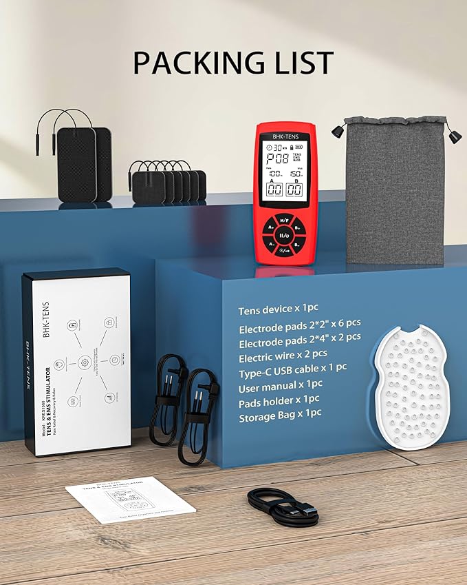 Rechargeable TENS Unit Machine for Pain Relief Therapy, Electronic EMS Muscle Stimulator for Shoulder Pain Relief, TENS&EMS Stimulator for Back Pain, Shoulder Neck Pain Relief, Sciatica Pain, red BHKTENS
