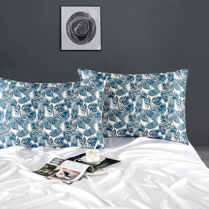 ZIMASILK 100% Pure Mulberry Silk Pillowcase for Hair and Skin Health,Both Sides 19 Momme Silk Floral Print,1pc(Queen 20''x30'',Blue Leaves) - Bloomnest