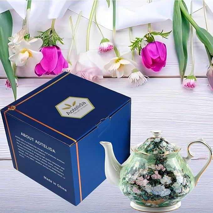 Teapot 30 oz Van Gogh Paintings Bone China Loose Tea Pot Floral Design Vintage Ceramic Coffee Water Pot European Style Porcelain (White Rose)