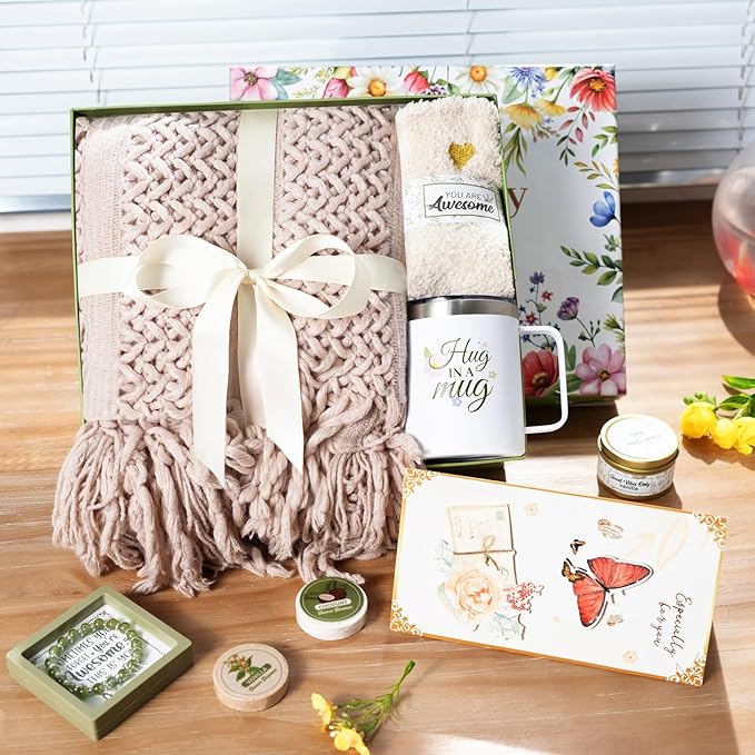 Valentines Day Gifts for Her - Spa Gift Box with Candle, Cozy Blanket, Tumbler & Bracelet - Romantic Self Care Package for Wife, Girlfriend - Birthday, Thinking of You - Bloomnest