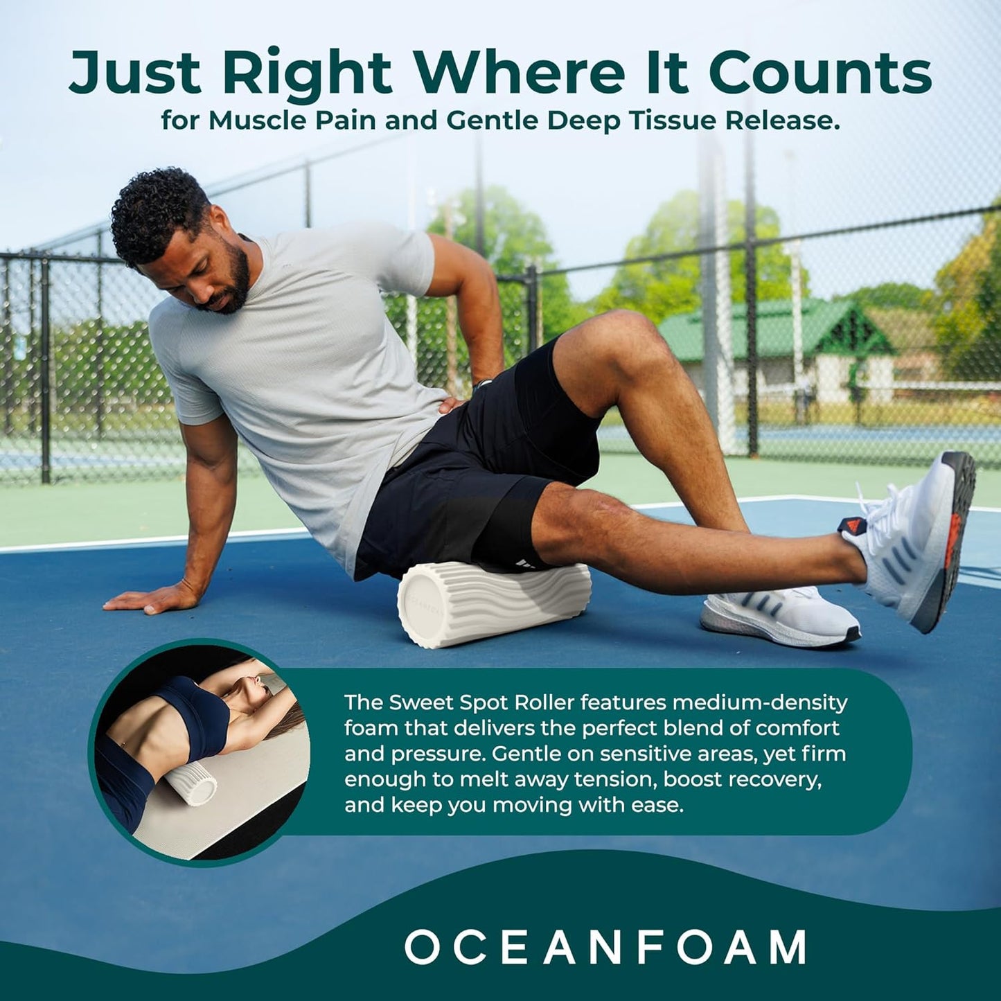 Oceanfoam Sweet Spot Medium Exercise Foam Roller 14"x5.5" – Medium Density Foam Roller for Physical Therapy, Deep Tissue Massage, Yoga, Pilates, Classic Exclusive Wave Texture (Natural)