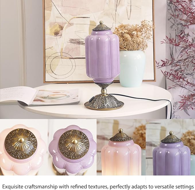Vintage Purple Glass Touch Table Lamp, Elegant MilK Glass Bedside Desk Lamp 3 Way Dimmable with USB C+A Charging Ports - Bedroom Nightstand & Living Room Essential, 4W Bulb Included (Purple, 6.5) - Bloomnest
