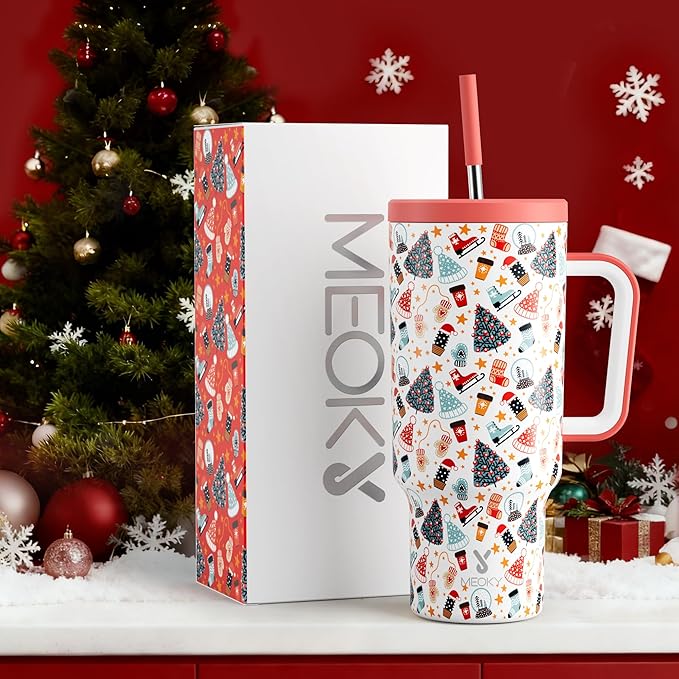 Meoky 40 oz Christmas Tumbler with Handle and Straw, Xmas Tumbler with Lid and Straw, Insulated Stainless Steel Travel Mug, Christmas Gifts for Women Men Adults (Snowy Fir) - Bloomnest