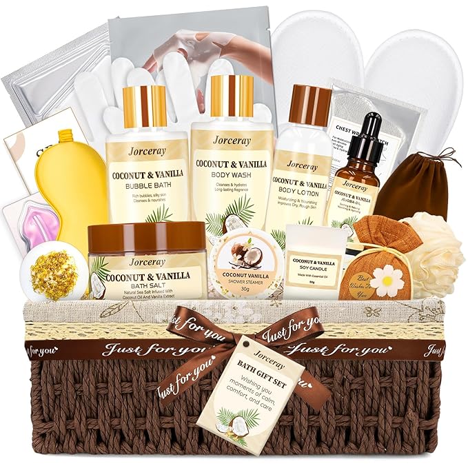 22PCS Valentines Day Spa Gift Baskets for Women, Luxury Bath and Body Gift Basket Set for Women Coconut Vanilla Spa Kit Relaxing Spa Self Care Gift for Her Wife Lover Mom Sister Friend - Bloomnest