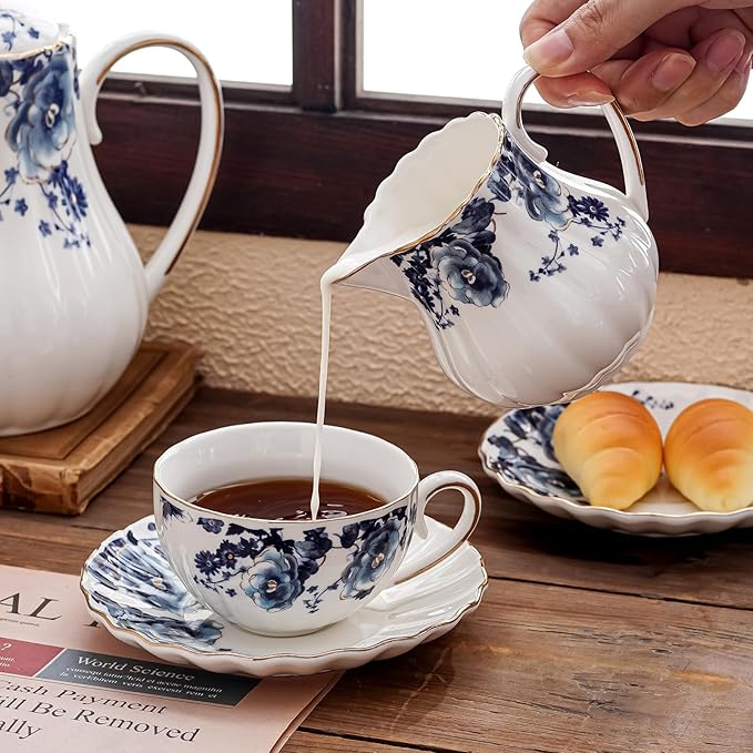 Tea Pot, Porcelain Teapot 37oz,tea pots for tea party,Tea Infuser Pots for Blooming loose Leaf Tea (White with blue flower)