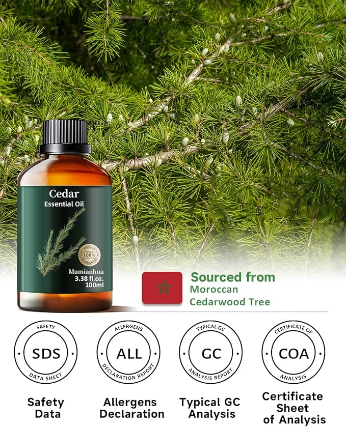 Pure Cedarwood Essential Oil, Mumianhua Natural Cedarwood Oil for Hair, Skin, Diffuser, Aromatherapy, Bedroom Atmosphere, Woodland Aroma, Evening Diffusion, Soap Making, Blends 3.38 Fl Oz - Bloomnest