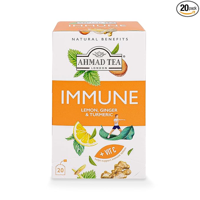 Ahmad Tea Herbal Tea, Lemon, Ginger, Turmeric, & Vitamin C 'Immune' Natural Benefits Teabags, 20 ct (Pack of 1) - Decaffeinated & Sugar-Free - Bloomnest