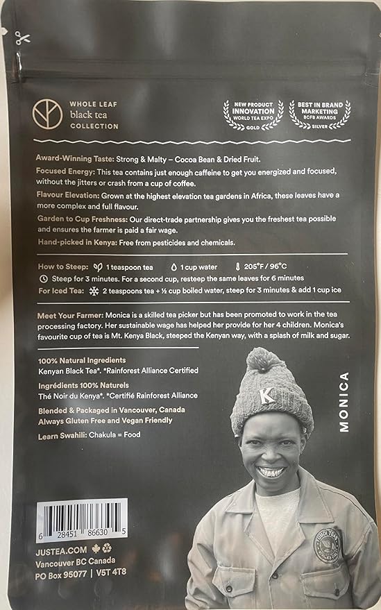 JusTea MT. KENYA BLACK | Loose Leaf Black Tea | Recyclable Refill Pouch | 160+ Cups (12.7oz) | High Caffeine | Award-Winning | Fair Trade | Non-GMO - Bloomnest