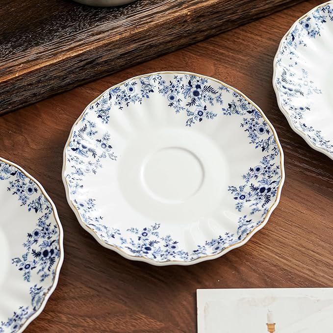 ceramic tea cups and saucers 6oz,floral tea cups for Coffee, Latte, Cafe Mocha and Tea (Little Blue Flowers) - Bloomnest