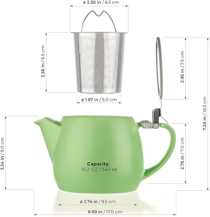 Tealyra - Pluto Porcelain Small Teapot Lime - 18.2-ounce (1-2 cups) - Matte Finish - Stainless Steel Lid and Extra-Fine Infuser To Brew Loose Leaf Tea - 540ml - Bloomnest