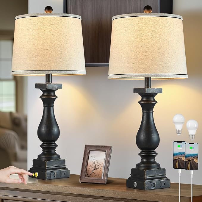 28" Tall Farmhouse Table Lamps Set of 2 with USB C+A Ports and AC Outlet, 3 Way Touch Control Rustic Bedside Lamp for Bedroom, Black Vintage Nightstand Lamp for Living Room Office - Bloomnest