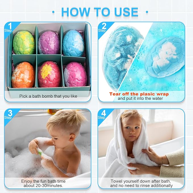 Bath Bombs for Kids with Surprise Inside, 6 Pack Dinosaur Toys Toddler Bath Bombs Gift, Organic Bubble Bath Fizzies, Dinosaur Egg, Stocking Stuffers for Kids, Christmas Gifts for Kid 3-12 - Bloomnest