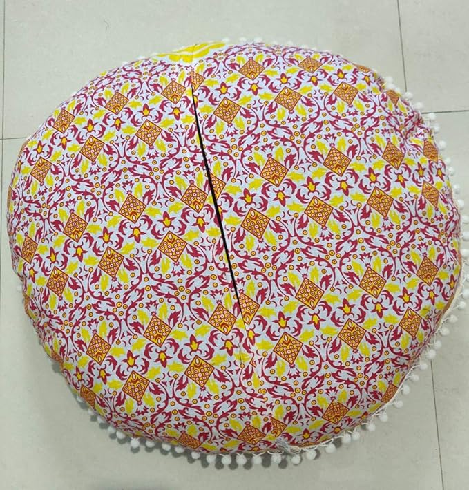 24" Yellow Orange Ombre Mandala Barmeri Large Floor Pillow Cover Cushion Meditation Seating Ottoman Throw Cover Hippie Decorative Zipped Bohemian Pouf Ottoman Pom Pom Cases 24 " round - Bloomnest