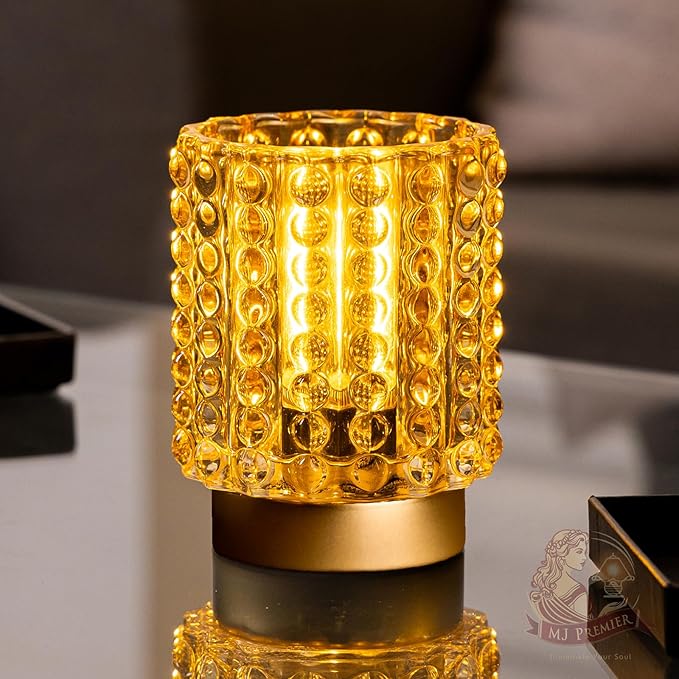 Battery Operated Lamp with Timer, Mini Crystal Table Lamps for Home Decor, Small Cordless Lamp for Areas No Outlets, Glass Battery Powered Lamps for Entryway, Bedroom, Bathroom, Shelf, Corner(Yellow) - Bloomnest