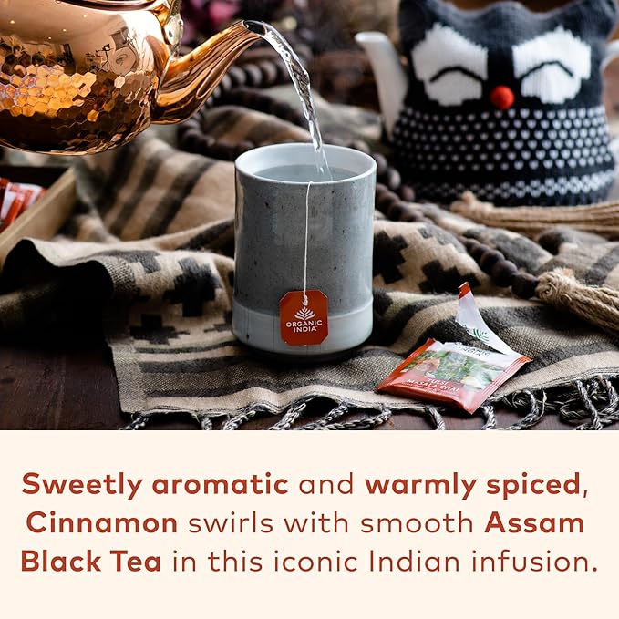 Organic India Tulsi Masala Chai Tea Bags - Holy Basil, Black Tea, Spices with Ginger, Stress Relieving, Immune Support, USDA Certified Organic, Antioxidant, Caffeinated - 18 Infusion Bags, 6 Pack - Bloomnest