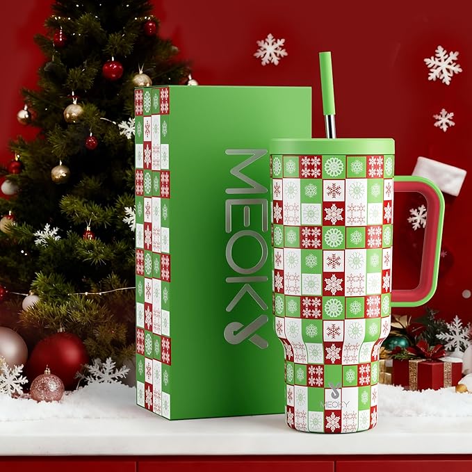 Meoky 40 oz Christmas Tumbler with Handle and Straw, Xmas Tumbler with Lid and Straw, Insulated Stainless Steel Travel Mug, Christmas Gifts for Women Men Adults (Holly Check) - Bloomnest