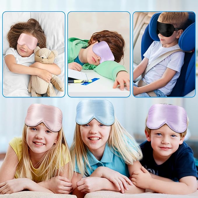 Silk Sleep Eye Mask for Kids, 100% Real Natural Pure Silk Sleeping Masks, Blindfold Sleep Eye Cover with Adjustable Strap, Soft & Lightweight Night Eyeshade for Boys Girls Teens (2 Pack)