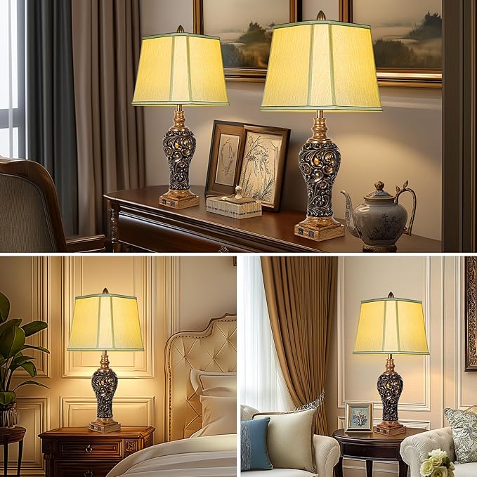 32'' Tall Rustic Vintage Table Lamps Set of 2 with Night Lights - Bedside Lamp with Faux Silk Shades for Bedroom and Living Room with 2 USB Charging Ports,Rustic Lamps for Living Room(Bulb Included) - Bloomnest