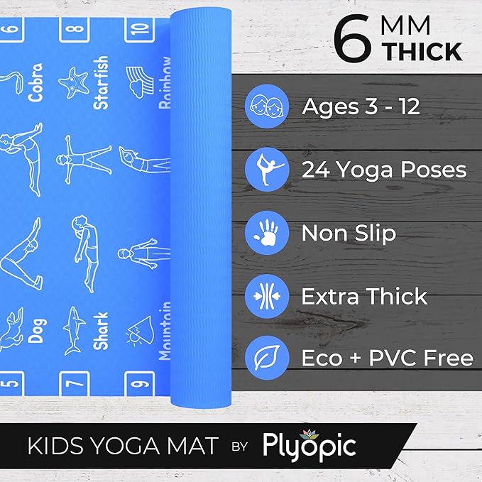 Plyopic Kids Yoga Mat - Non-Slip Lightweight TPE Exercise Mat - Ideal for Boys & Girls (Ages 3-12), Toddlers & Children in Kindergarten, Preschool, School. PVC Free. 6mm Thick. Carry Strap - Bloomnest