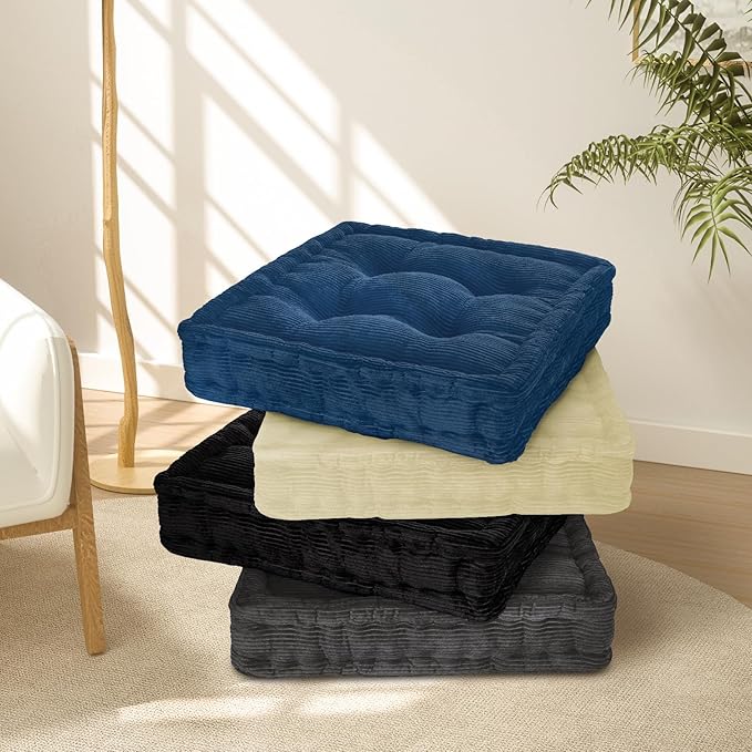 Wellsin Square Floor Pillows for Adults Kids - Meditation Floor Pillow Seating Cushion - Tufted Floor Cushion with Shredded Foam & Velvet Cover, 1 Pack, 20x20 Inch, Beige