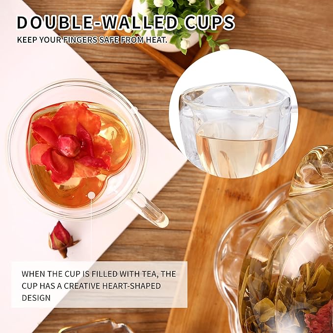 Glass Teapot Set, 40OZ/1200ml Stovetop Safe Glass Tea Kettle with 4 Double-Wall Tea Cups & Loose Tea Infuser & Tea Warmer, Dishwasher Safe Tea Maker, Blooming Tea Gift Set For Women - Bloomnest