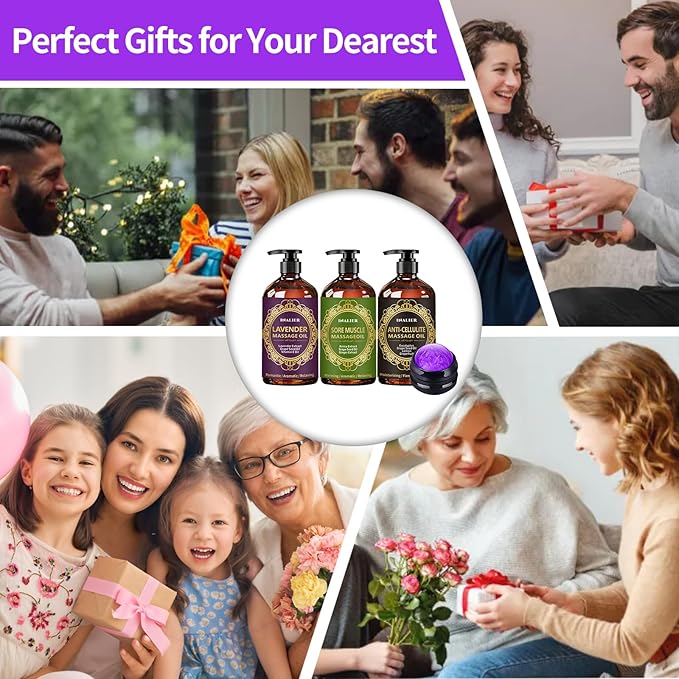Massage Oils for Massage Therapy,Massage Kit Gifts for Women Men with Arnica, Lavender,Spa Gifts,3 Pack Cellulite,Sore Muscle & Lavender Massage Oils with Massage Ball - Bloomnest