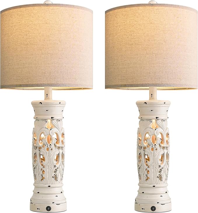 BOBOMOMO 27.25” Farmhouse Table Lamps Set of 2 – Antique White Bedside Lamps with Night Light & USB A+C Ports, Vintage Lamps for Bedroom, Living Room, Entryway, Console Table (Bulbs Included) - Bloomnest
