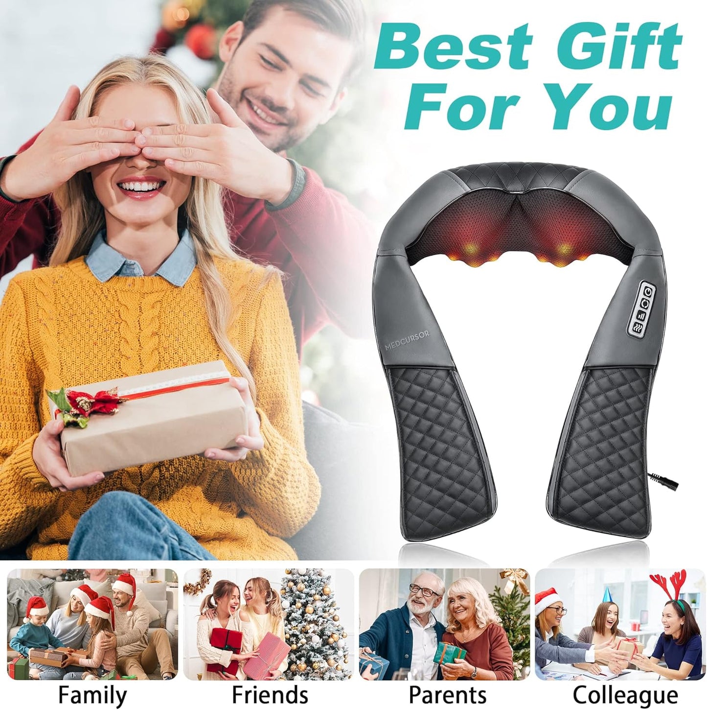 Medcursor Neck Massager, Portable Electric Shiatsu Back Massage Device with Heat, Deep Tissue 3D Kneading Pillow for Muscle Pain Relief (No Battery)