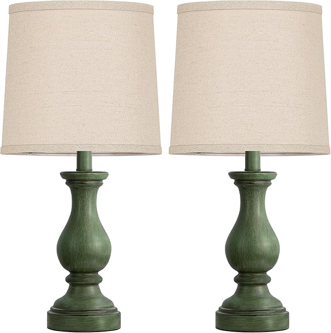 Seealle Farmhouse Table Lamps Set of 2 - Rustic Lamp for Bedroom Living Room, 22" Boho Bedside Lamps for Night Stands End Table Office Desk Lamp Nightstand with Linen Shades(Antique Green) - Bloomnest
